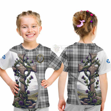 Glendinning Tartan Kid T-Shirt with Family Crest and St. Andrew's Cross Accented by Thistle Vines - Tartan Vibes Clothing