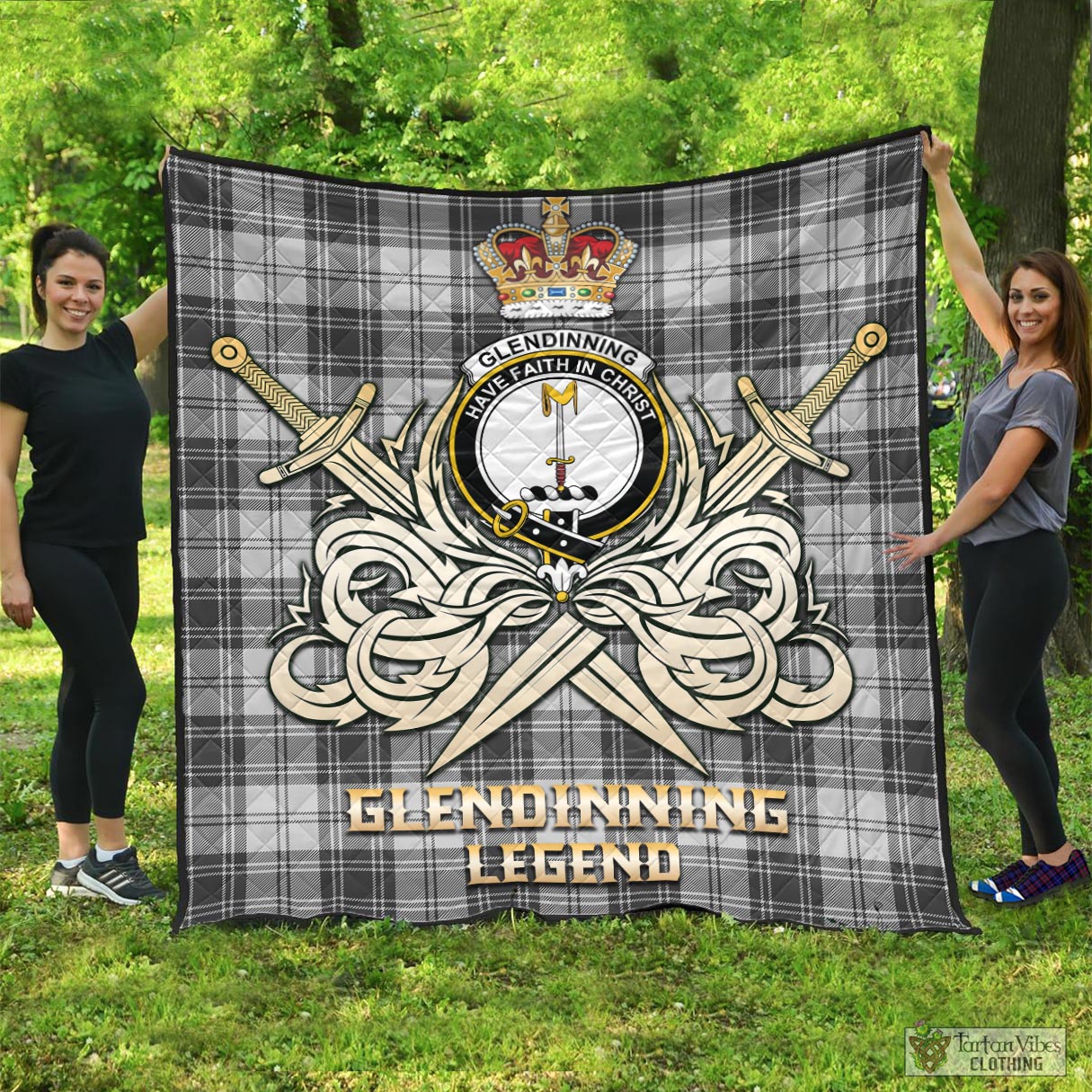 Tartan Vibes Clothing Glendinning Tartan Quilt with Clan Crest and the Golden Sword of Courageous Legacy