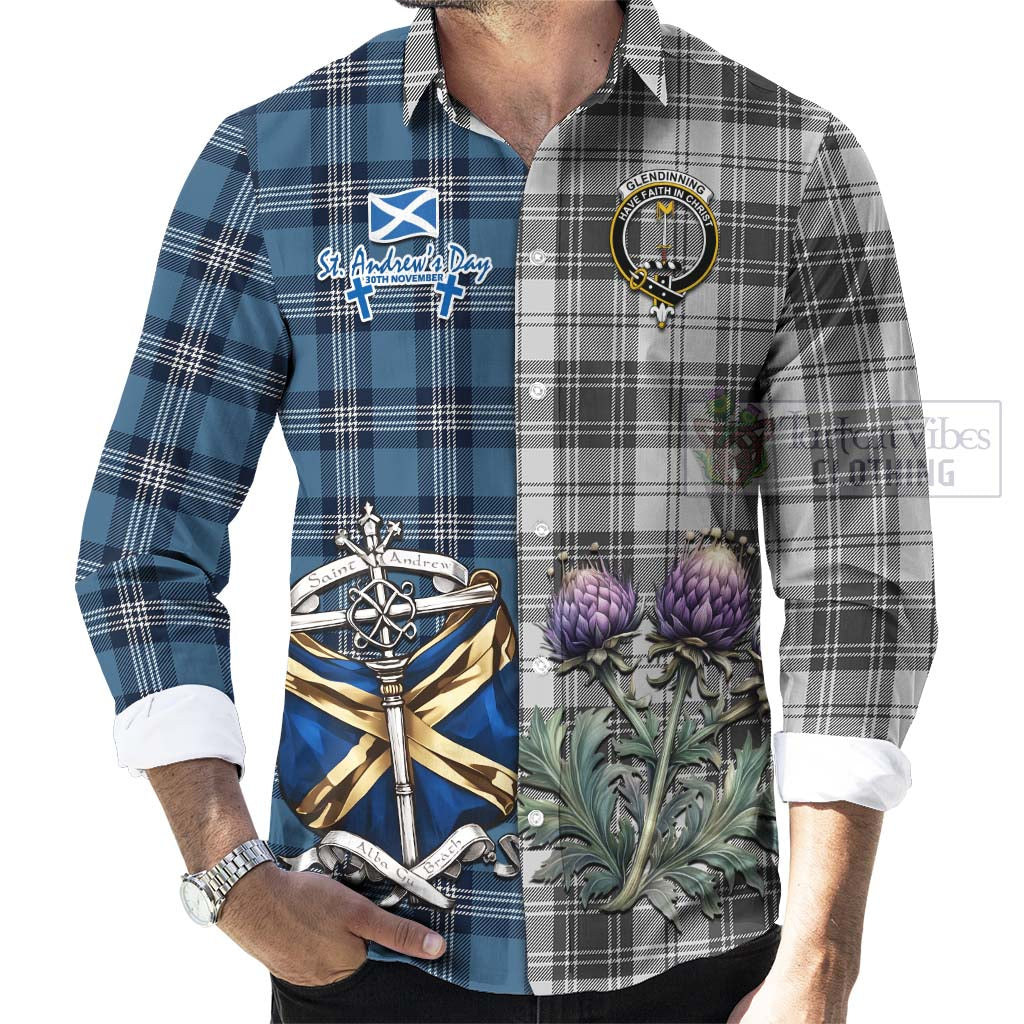 Tartan Vibes Clothing Glendinning Tartan Long Sleeve Button Shirt Happy St. Andrew's Day Half Tartan Style