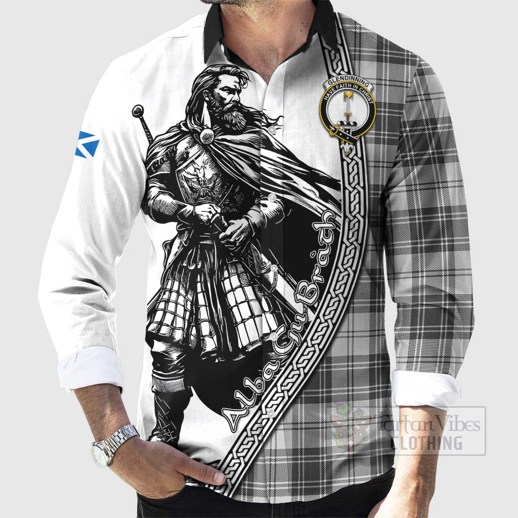 Tartan Vibes Clothing Glendinning Tartan Clan Crest Long Sleeve Button Shirt with Highlander Warrior Celtic Style