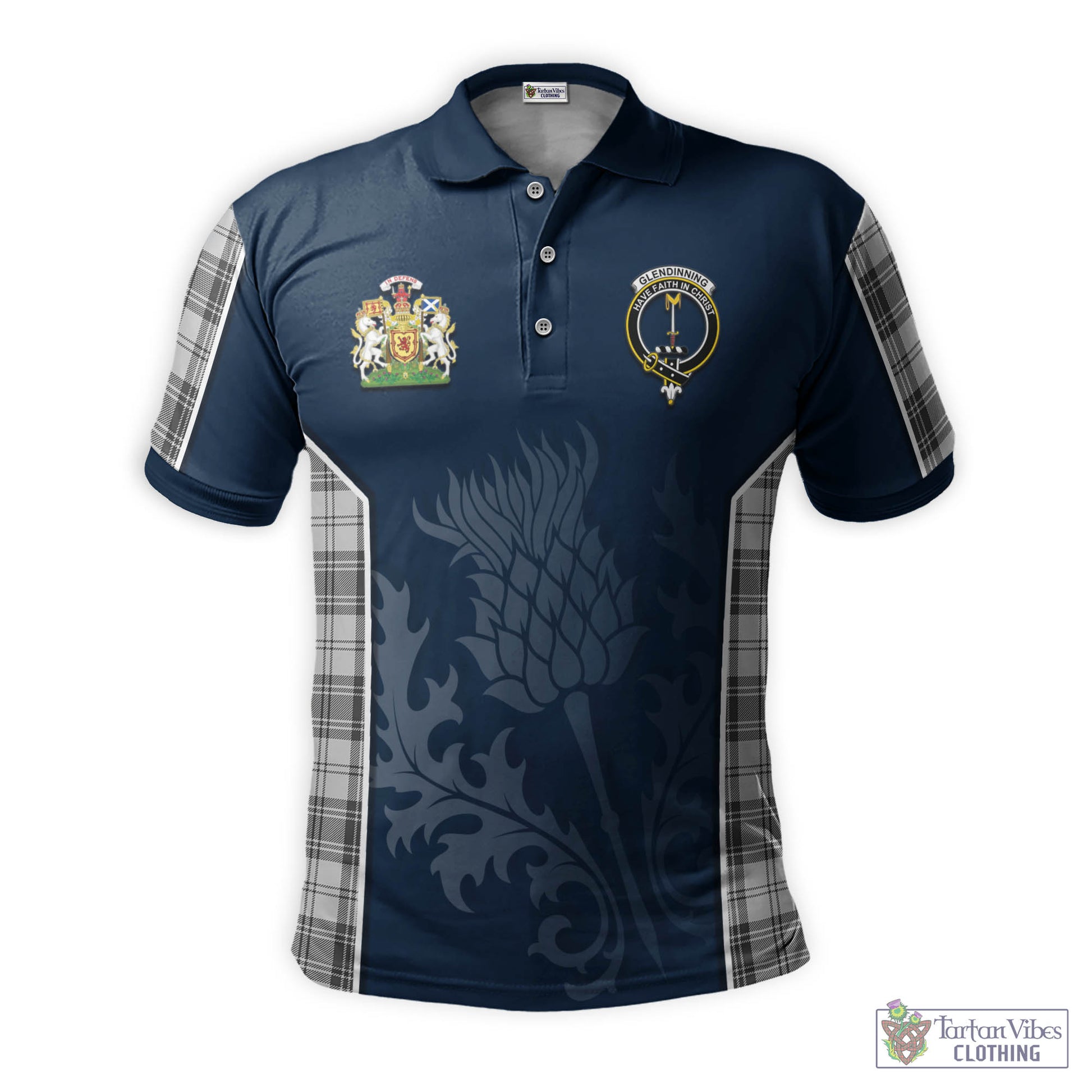 Tartan Vibes Clothing Glendinning Tartan Men's Polo Shirt with Family Crest and Scottish Thistle Vibes Sport Style