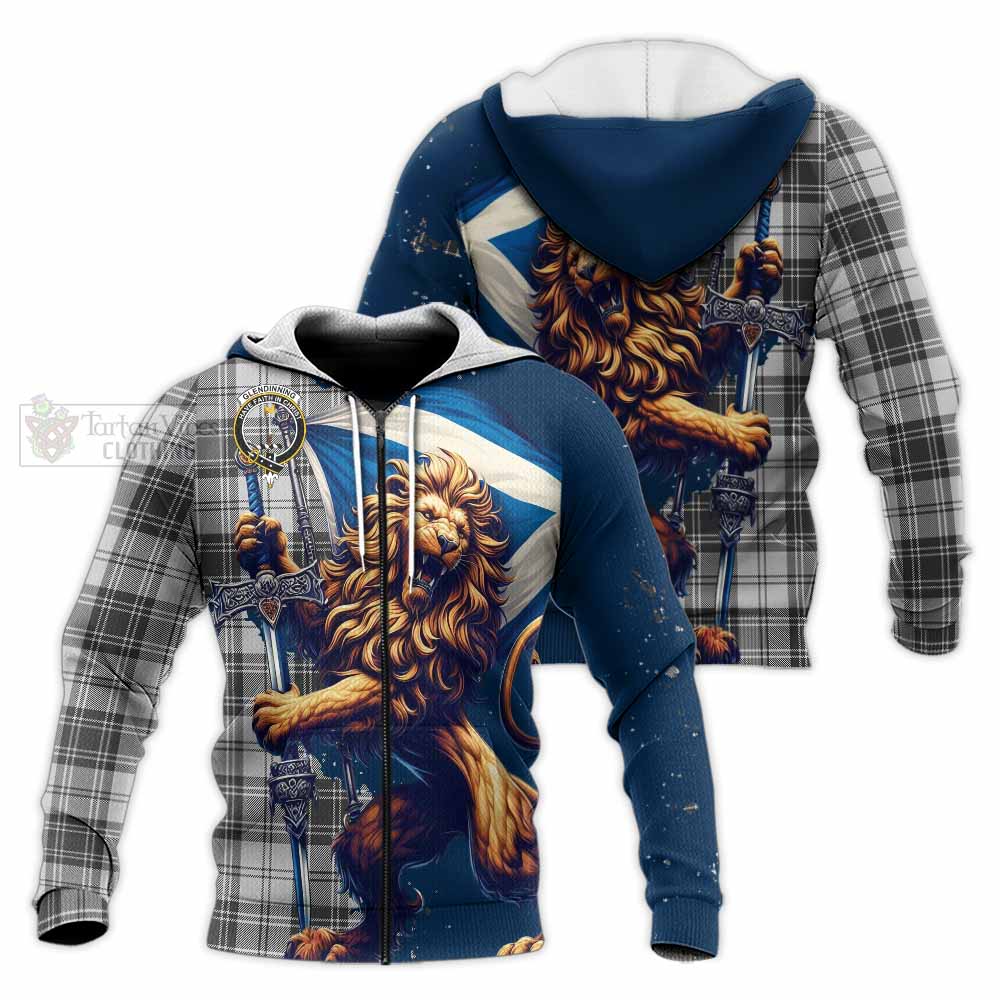 Tartan Vibes Clothing Glendinning Tartan Family Crest Knitted Hoodie with Scottish Majestic Lion