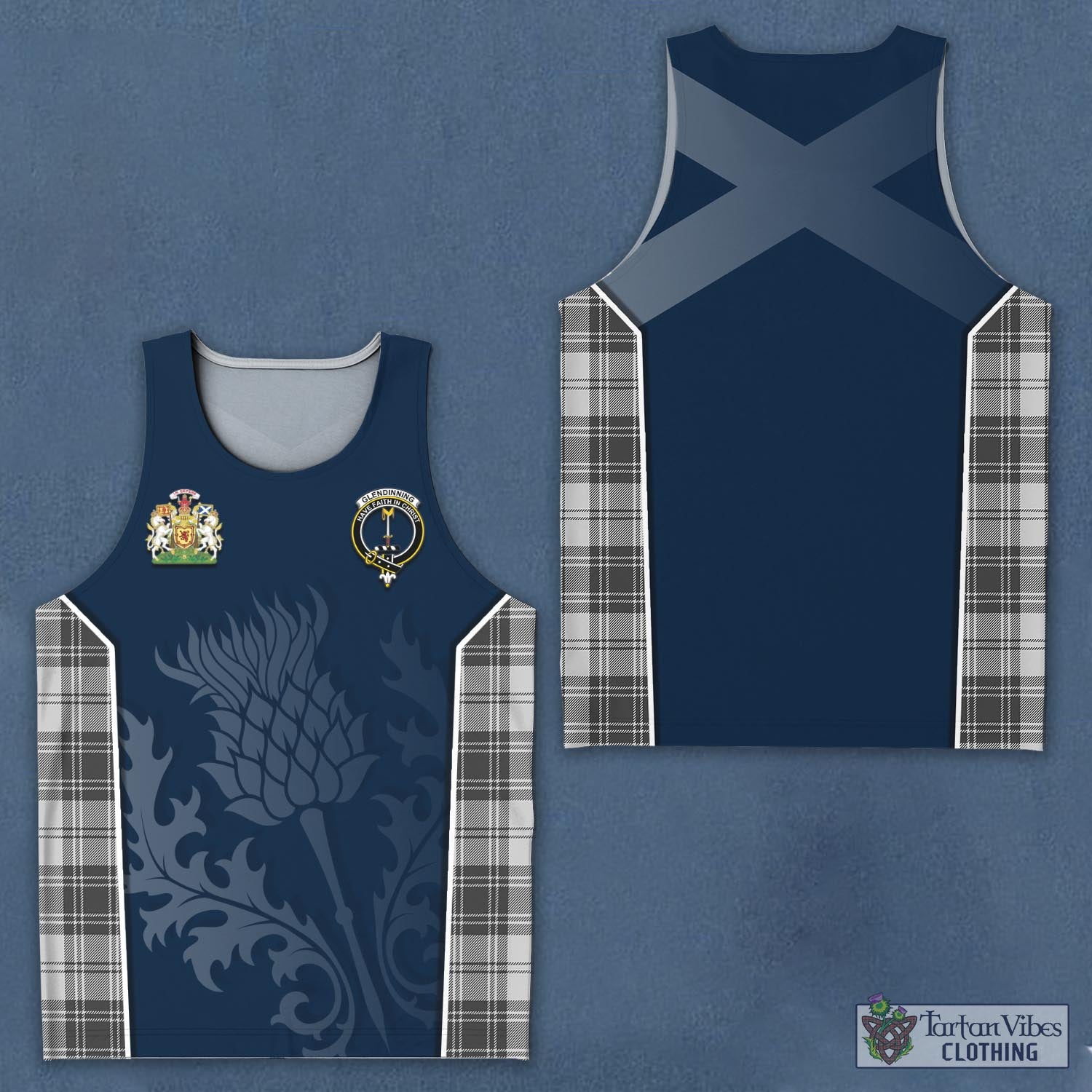 Tartan Vibes Clothing Glendinning Tartan Men's Tanks Top with Family Crest and Scottish Thistle Vibes Sport Style