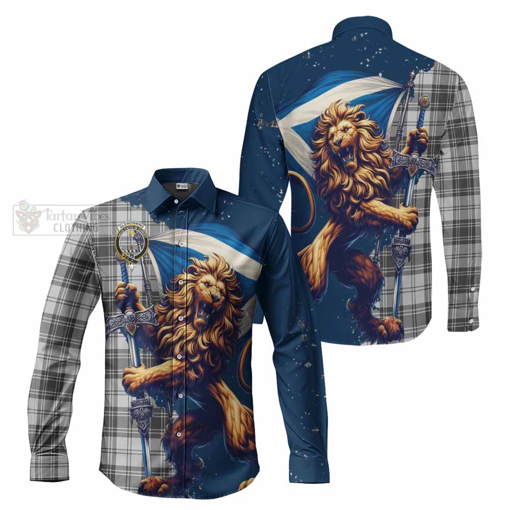 Tartan Vibes Clothing Glendinning Tartan Family Crest Long Sleeve Button Shirt with Scottish Majestic Lion