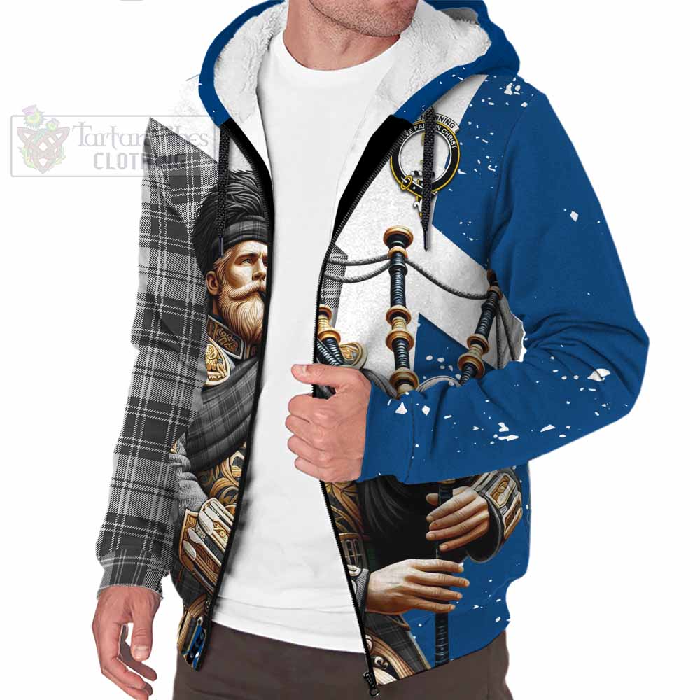 Tartan Vibes Clothing Glendinning Tartan Sherpa Hoodie with Family Crest Scottish Bagpiper Vibes