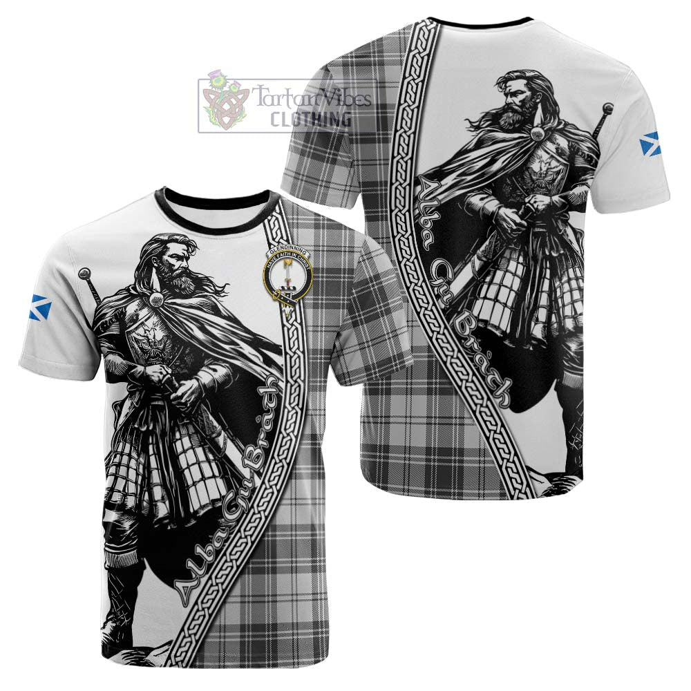 Glendinning Tartan Clan Crest Cotton T-shirt with Highlander Warrior Celtic Style