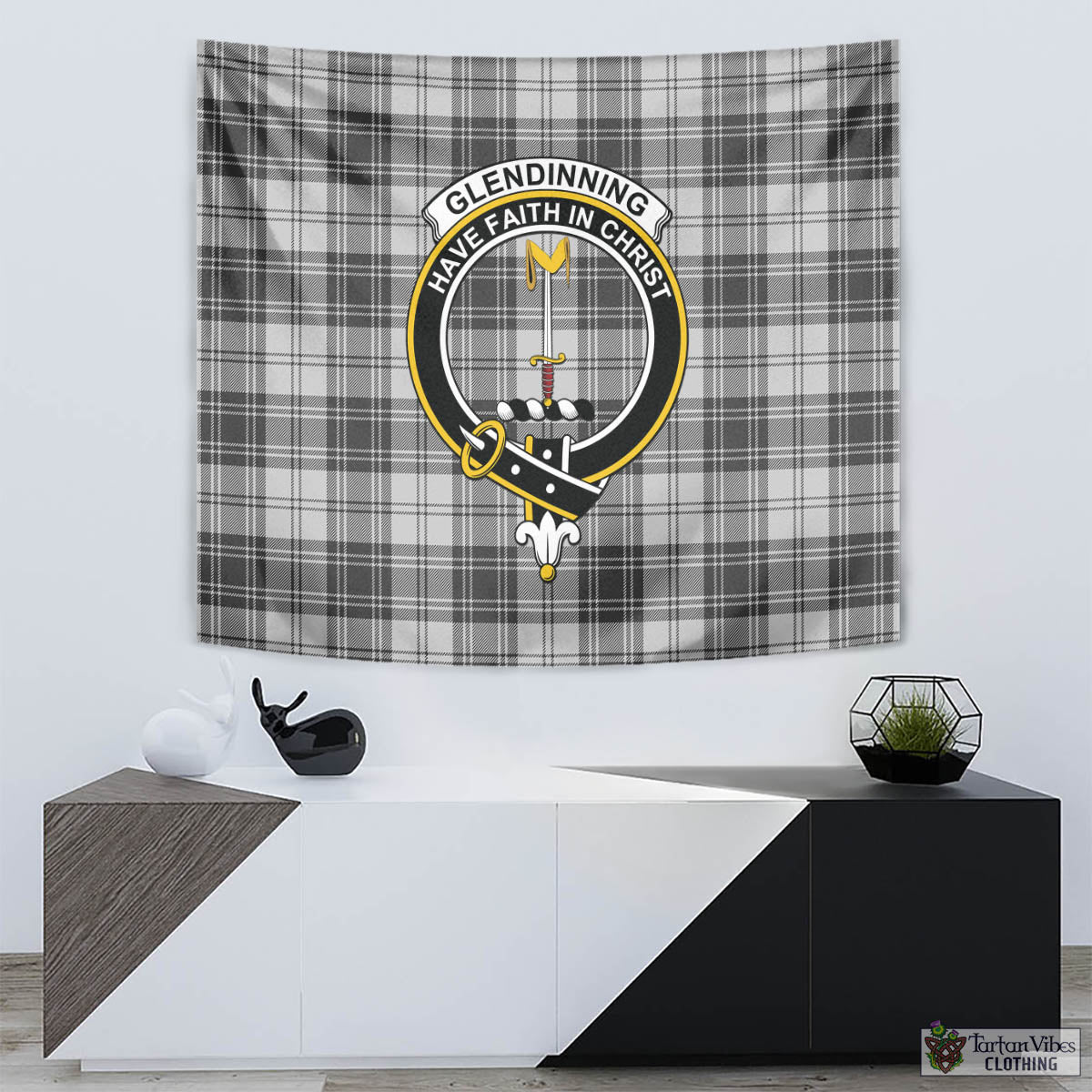 Tartan Vibes Clothing Glendinning Tartan Tapestry Wall Hanging and Home Decor for Room with Family Crest