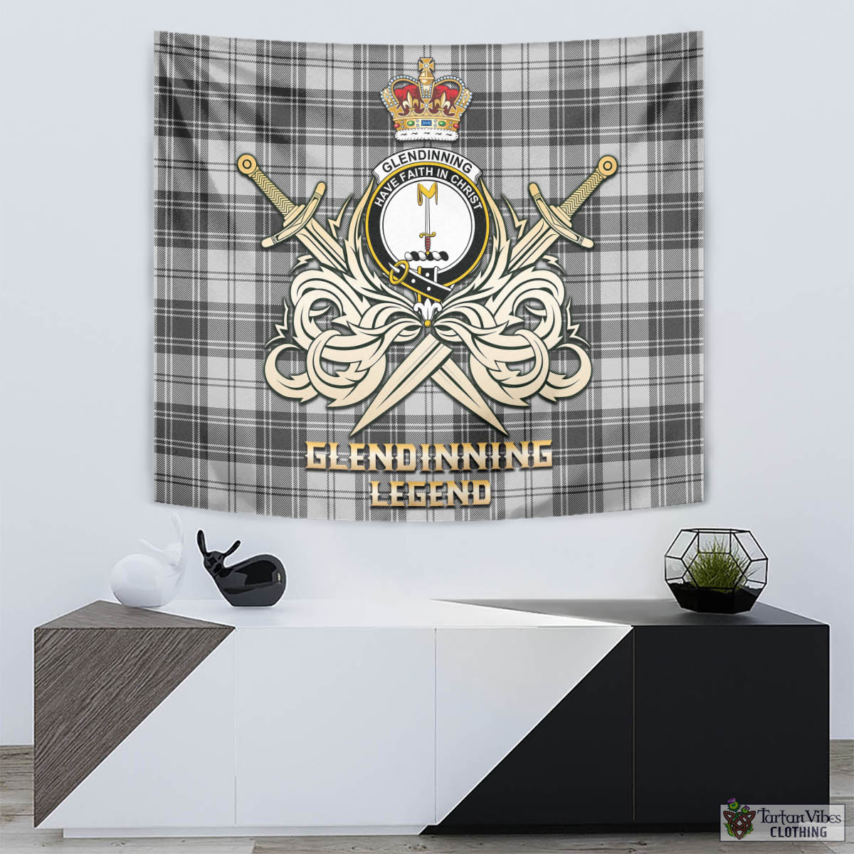 Tartan Vibes Clothing Glendinning Tartan Tapestry with Clan Crest and the Golden Sword of Courageous Legacy