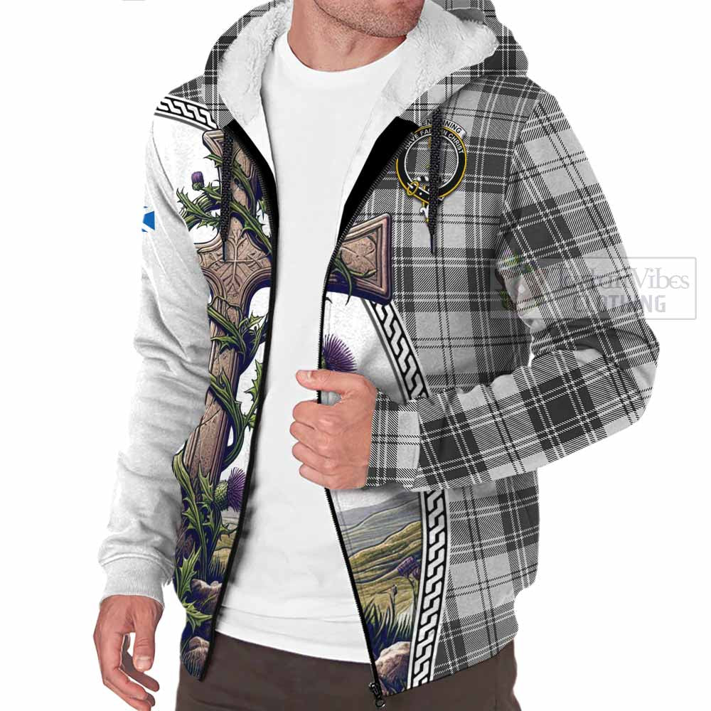 Tartan Vibes Clothing Glendinning Tartan Sherpa Hoodie with Family Crest and St. Andrew's Cross Accented by Thistle Vines