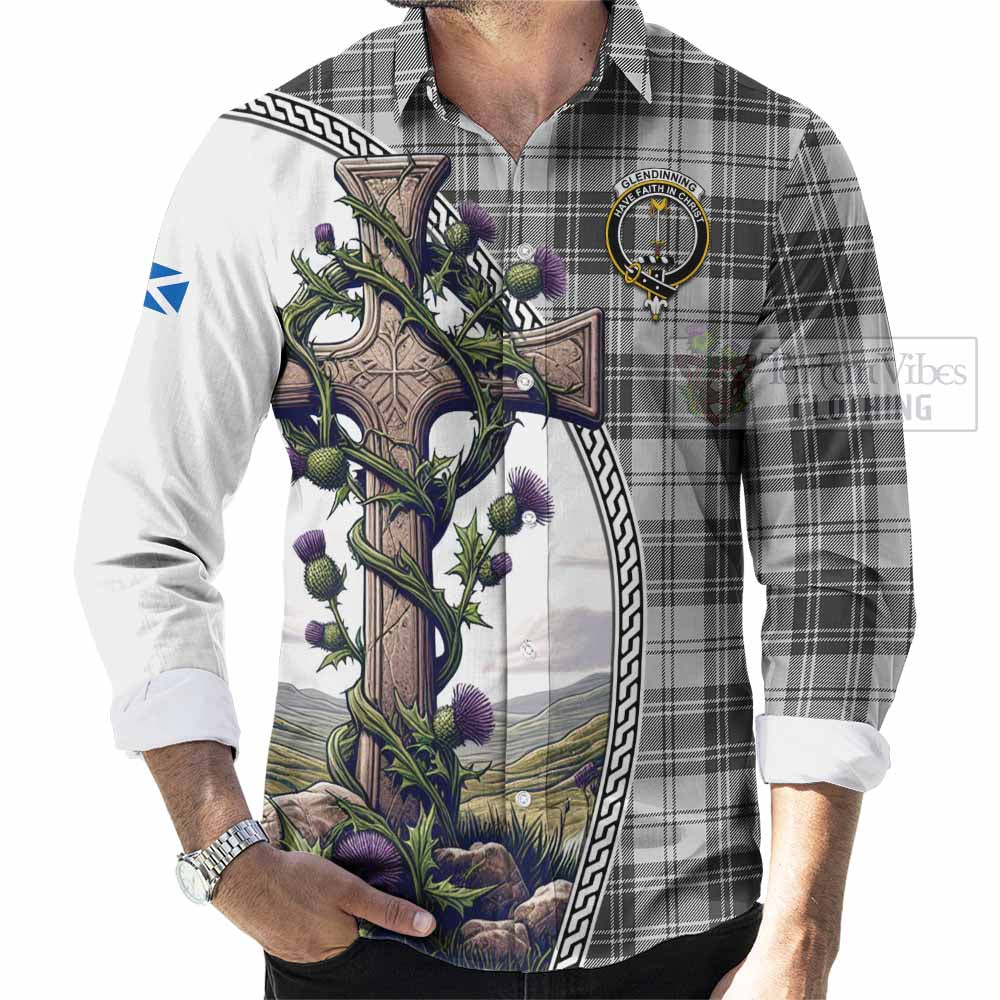 Tartan Vibes Clothing Glendinning Tartan Long Sleeve Button Shirt with Family Crest and St. Andrew's Cross Accented by Thistle Vines