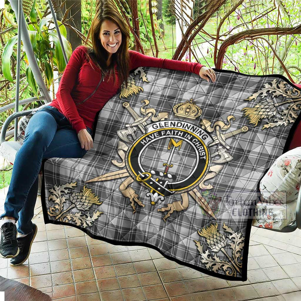 Tartan Vibes Clothing Glendinning Tartan Quilt with Family Crest and Scottish Golden Courage Shield