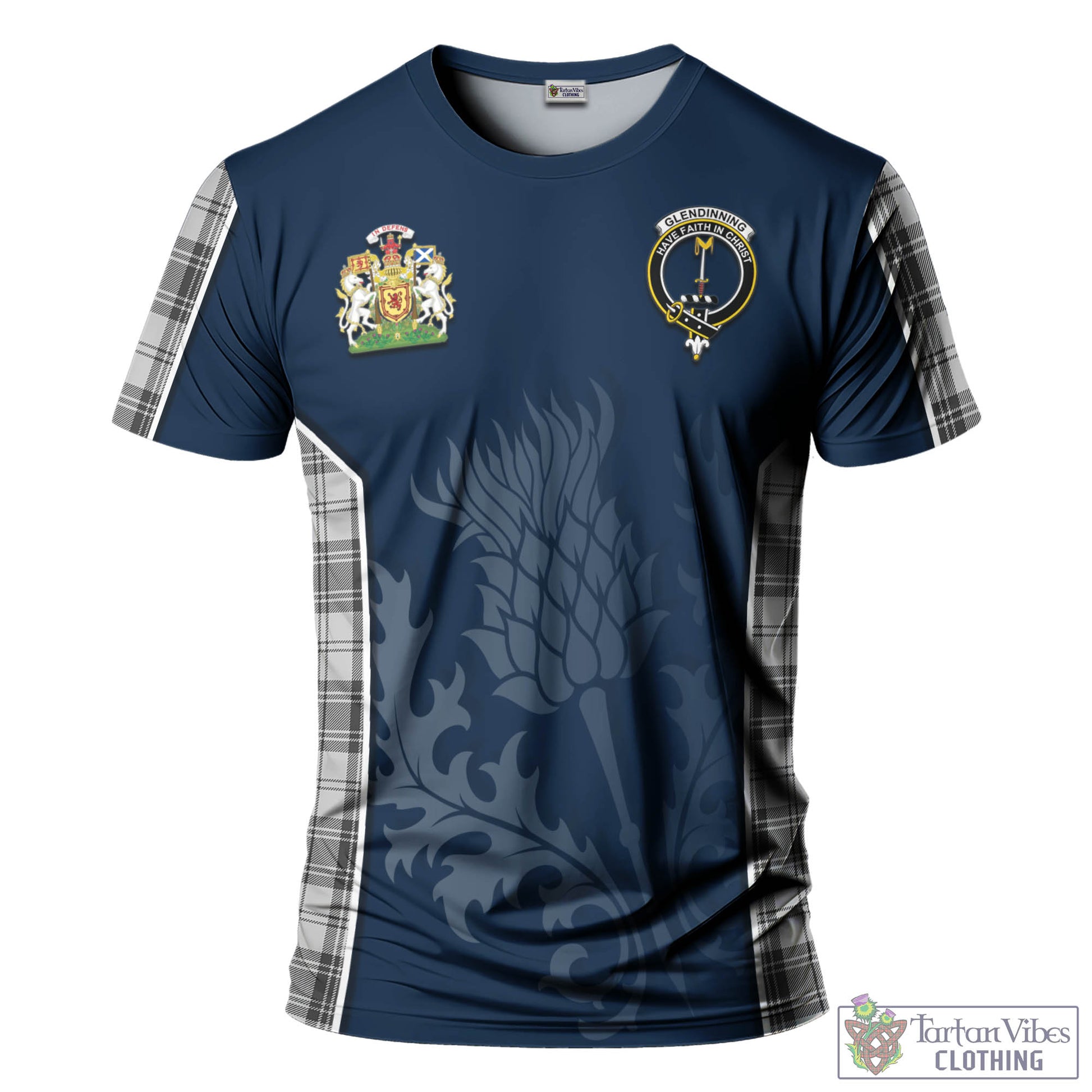 Tartan Vibes Clothing Glendinning Tartan T-Shirt with Family Crest and Scottish Thistle Vibes Sport Style