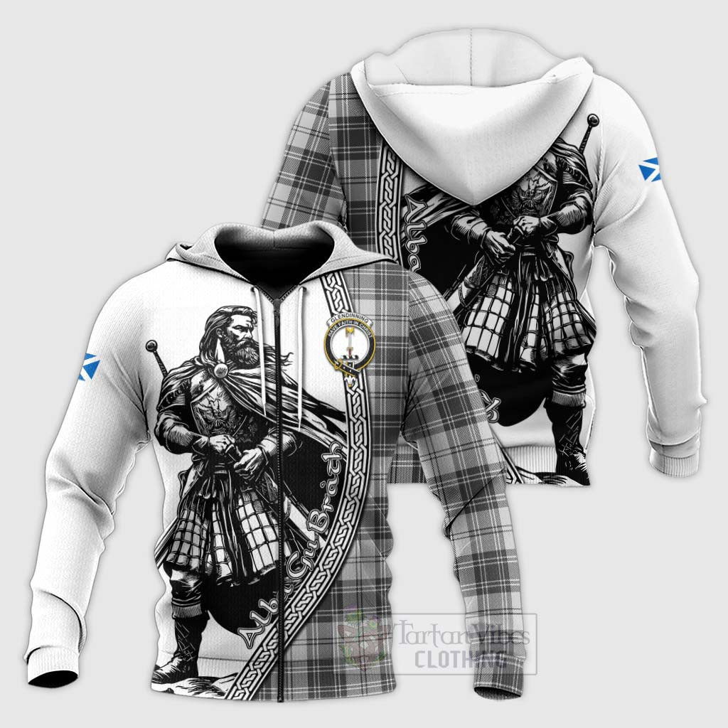 Tartan Vibes Clothing Glendinning Tartan Clan Crest Knitted Hoodie with Highlander Warrior Celtic Style