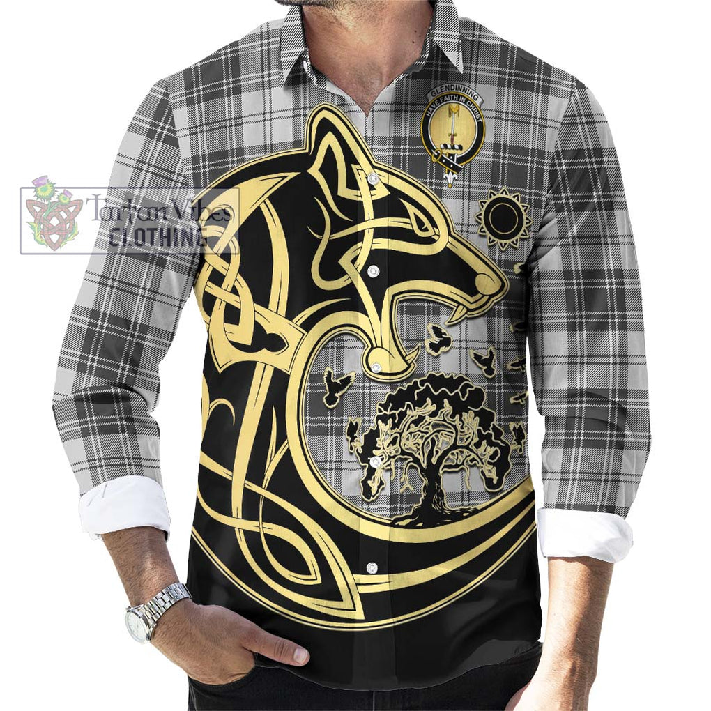 Glendinning Tartan Long Sleeve Button Shirt with Family Crest Celtic Wolf Style - Tartan Vibes Clothing