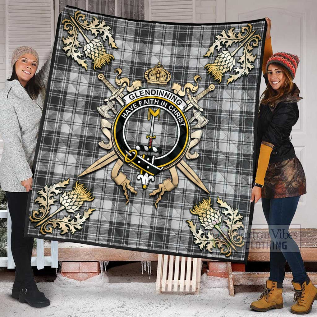 Tartan Vibes Clothing Glendinning Tartan Quilt with Family Crest and Scottish Golden Courage Shield