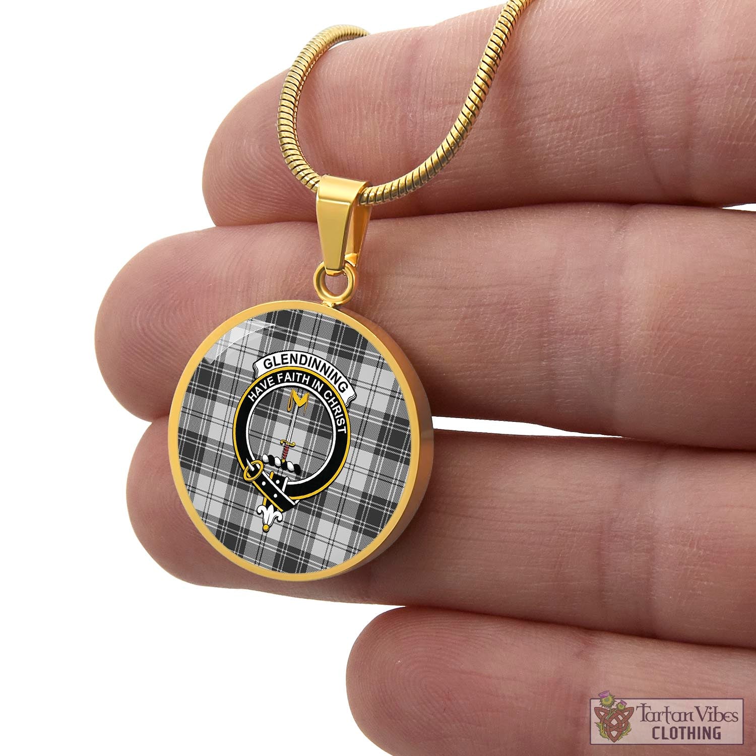 Tartan Vibes Clothing Glendinning Tartan Circle Necklace with Family Crest