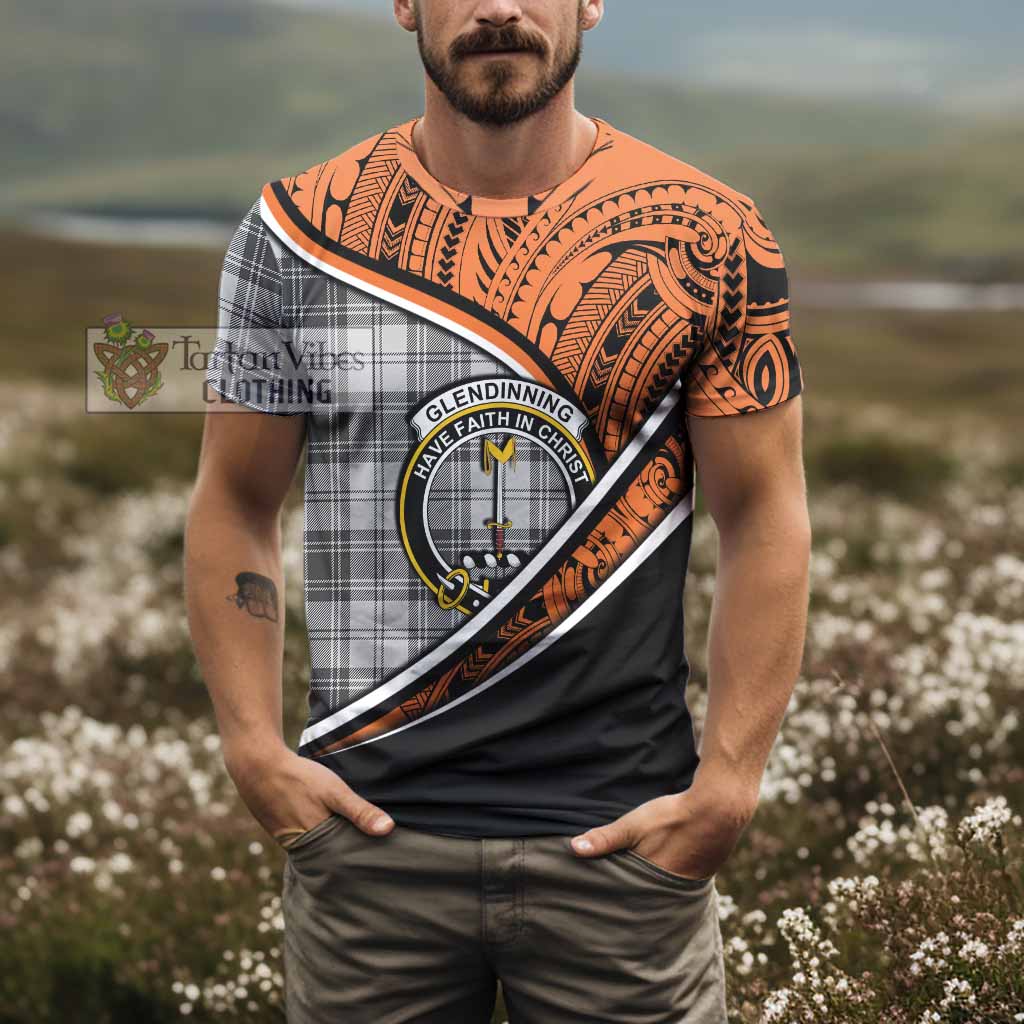 Tartan Vibes Clothing Glendinning Crest Tartan T-Shirt with Maori Tattoo Style - Orange Version