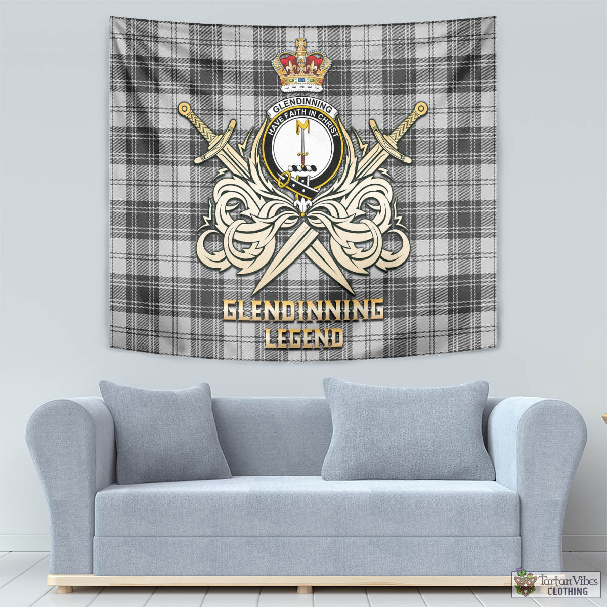 Tartan Vibes Clothing Glendinning Tartan Tapestry with Clan Crest and the Golden Sword of Courageous Legacy