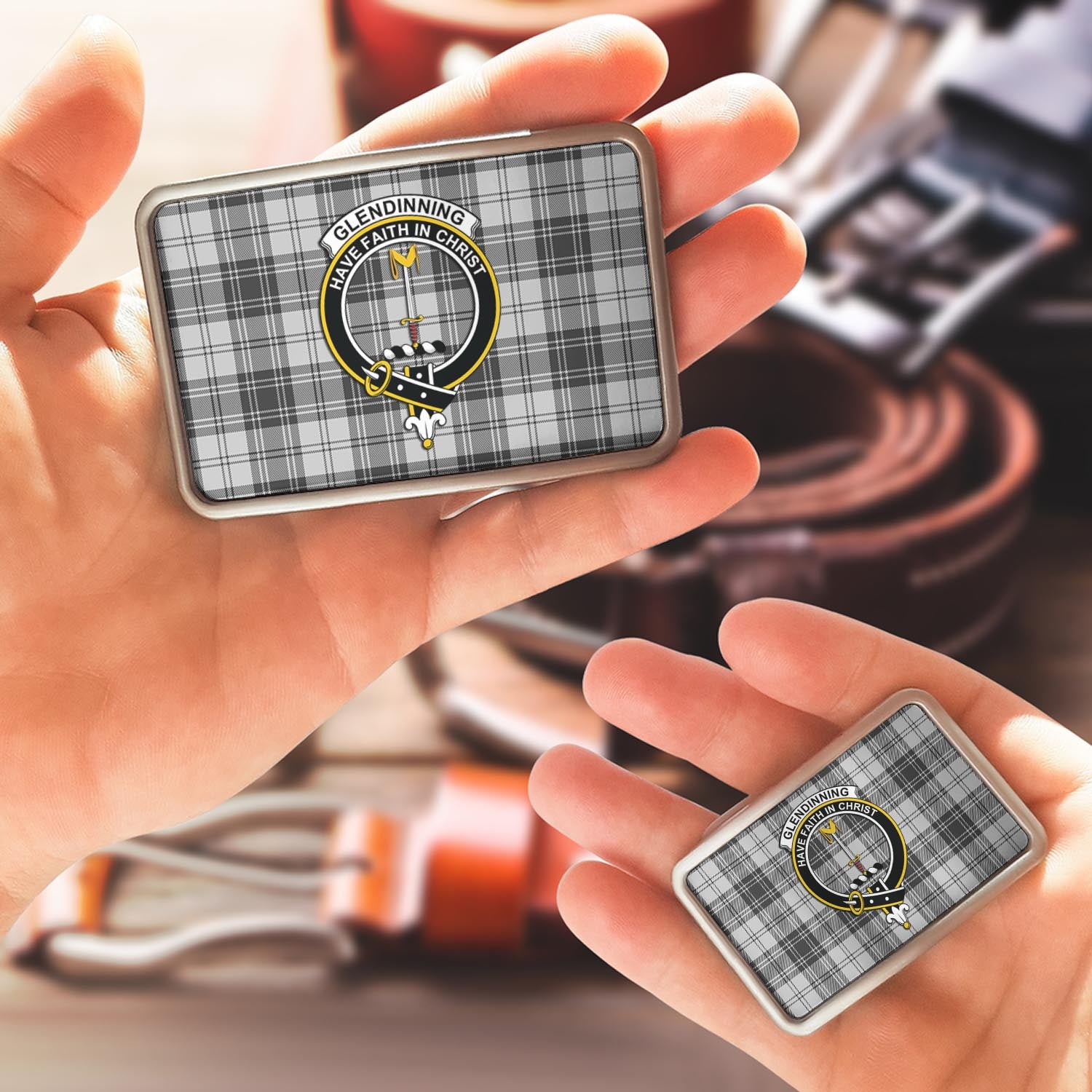 Glendinning Tartan Belt Buckles with Family Crest - Tartanvibesclothing