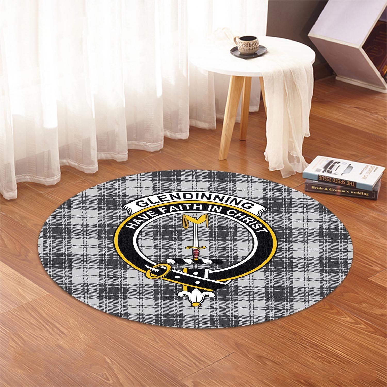 glendinning-tartan-round-rug-with-family-crest