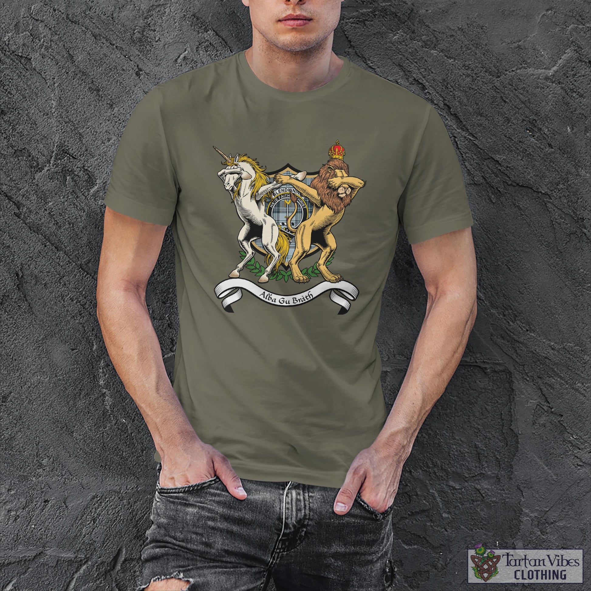 Tartan Vibes Clothing Glendinning Family Crest Cotton Men's T-Shirt with Scotland Royal Coat Of Arm Funny Style