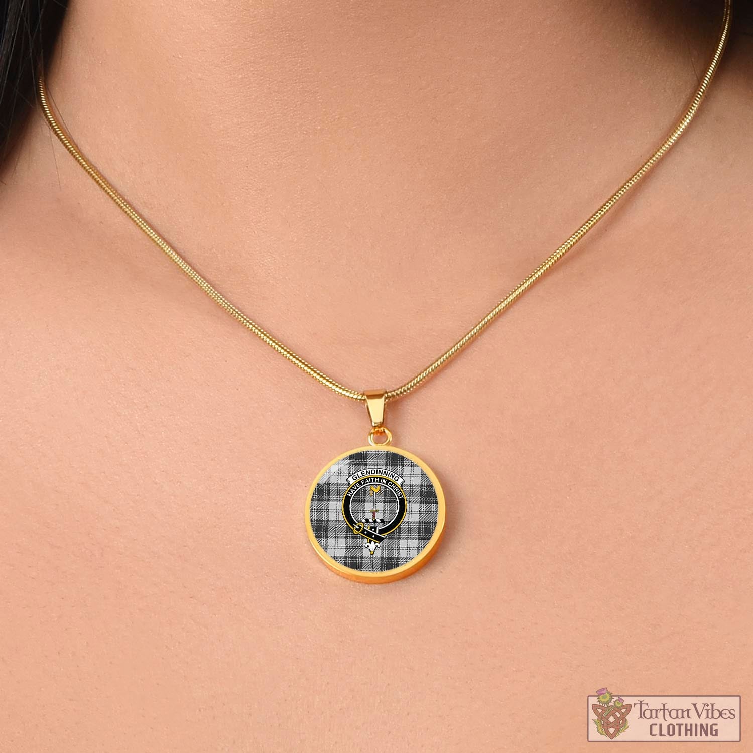 Tartan Vibes Clothing Glendinning Tartan Circle Necklace with Family Crest