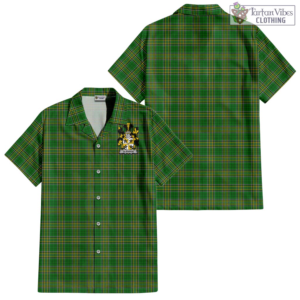 Tartan Vibes Clothing Glennon Ireland Clan Tartan Short Sleeve Button Up with Coat of Arms