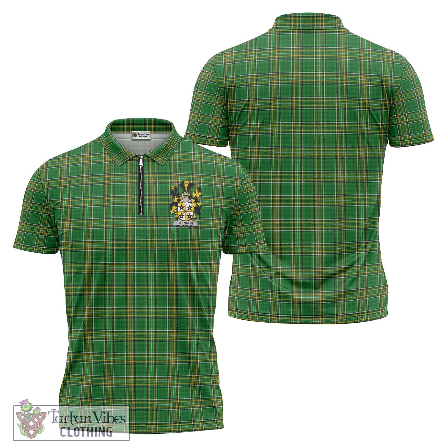 Tartan Vibes Clothing Glennon Ireland Clan Tartan Zipper Polo Shirt with Coat of Arms