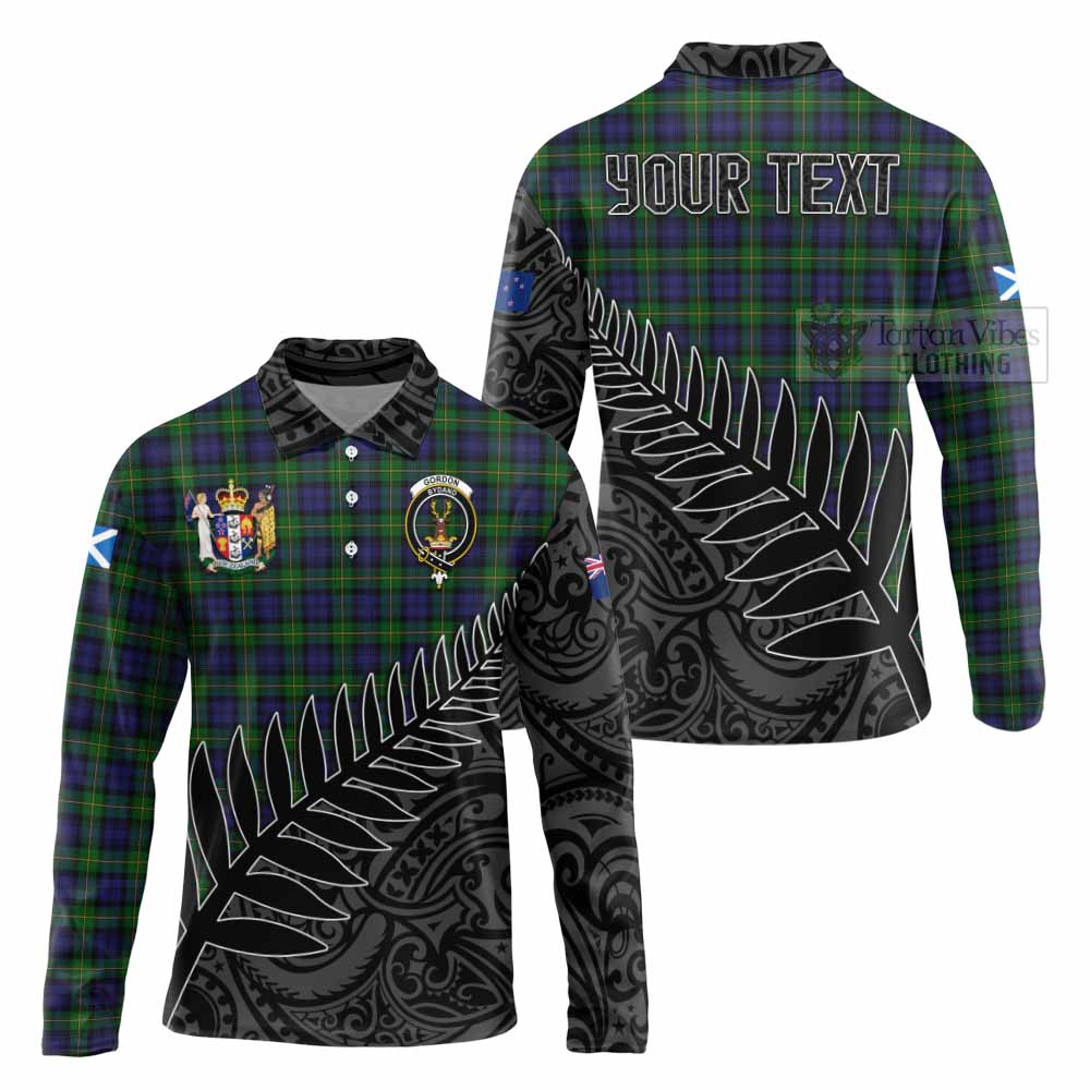 Tartan Vibes Clothing Gordon Crest Tartan Long Sleeve Polo Shirt with New Zealand Silver Fern Half Style