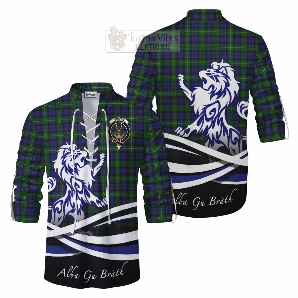 Tartan Vibes Clothing Gordon Tartan Ghillie Kilt Shirt with Alba Gu Brath Regal Lion Emblem