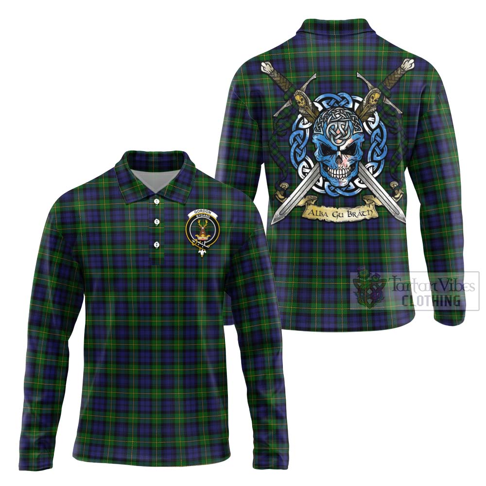 Tartan Vibes Clothing Gordon Tartan Long Sleeve Polo Shirt with Family Crest Celtic Skull Style