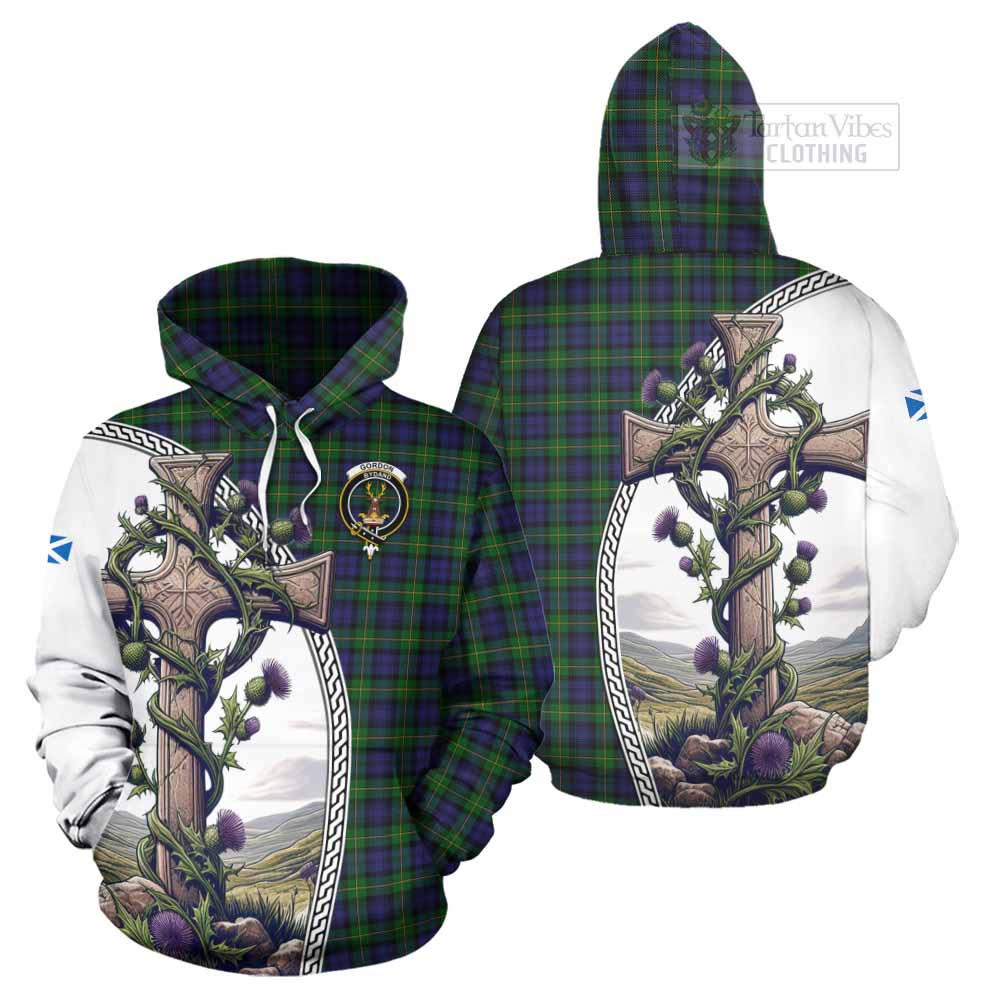 Tartan Vibes Clothing Gordon Tartan Hoodie with Family Crest and St. Andrew's Cross Accented by Thistle Vines