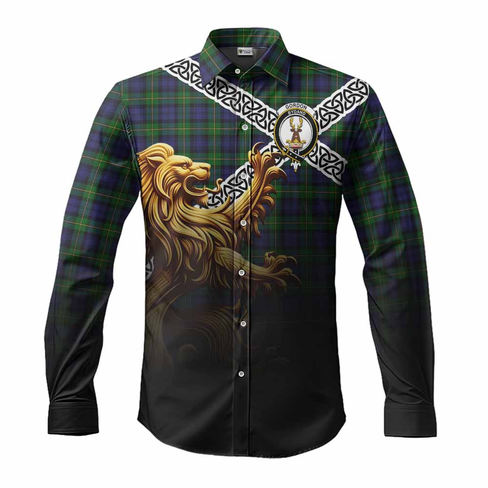 Gordon Crest Tartan Long Sleeve Button Shirt with Golden Lion Emblem Celtic Style Men's Shirt S - Tartan Vibes Clothing
