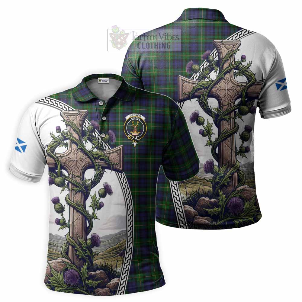 Tartan Vibes Clothing Gordon Tartan Polo Shirt with Family Crest and St. Andrew's Cross Accented by Thistle Vines