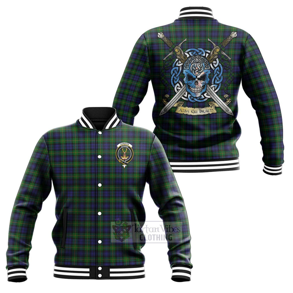 Tartan Vibes Clothing Gordon Tartan Baseball Jacket with Family Crest Celtic Skull Style