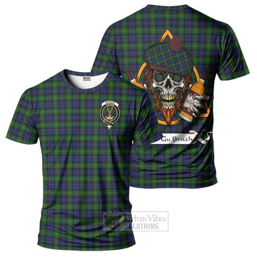 Gordon Tartan T-Shirt with Family Crest and Bearded Skull Holding Bottles of Whiskey