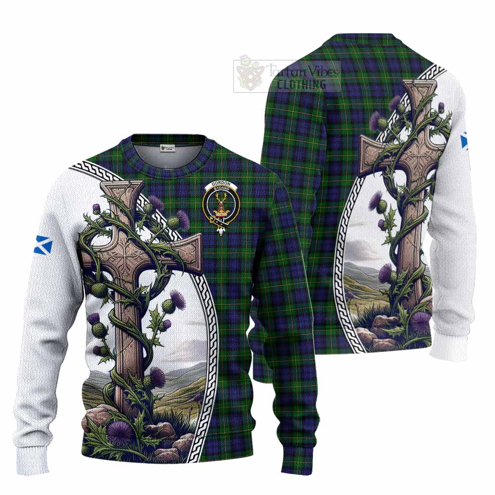 Tartan Vibes Clothing Gordon Tartan Knitted Sweater with Family Crest and St. Andrew's Cross Accented by Thistle Vines