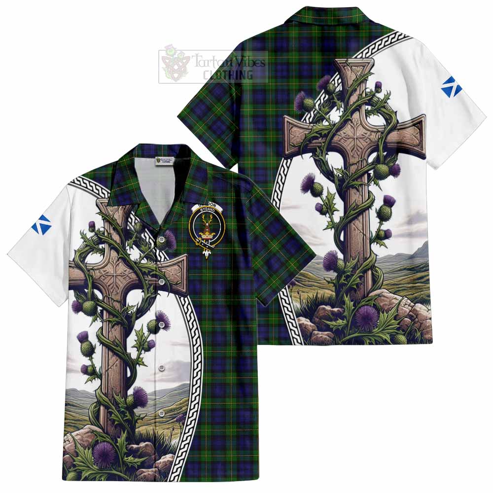 Tartan Vibes Clothing Gordon Tartan Short Sleeve Button Shirt with Family Crest and St. Andrew's Cross Accented by Thistle Vines