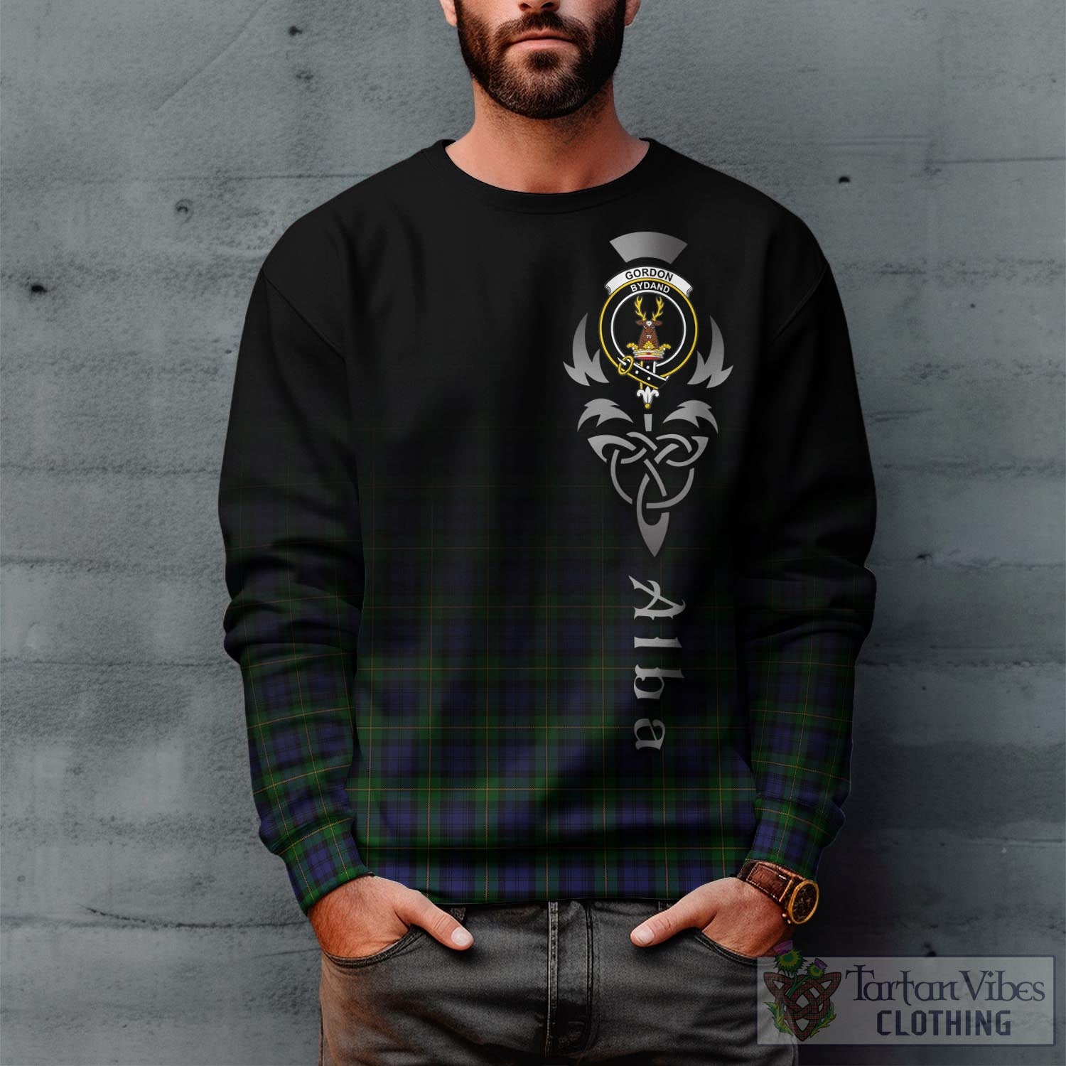 Tartan Vibes Clothing Gordon Tartan Sweatshirt Featuring Alba Gu Brath Family Crest Celtic Inspired