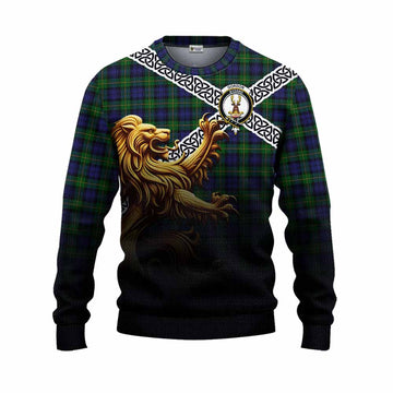 Gordon Crest Tartan Knitted Sweater with Golden Lion Emblem Celtic Style Unisex - Tartan Vibes Clothing
