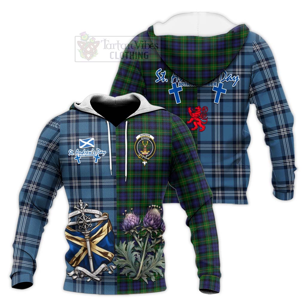 Tartan Vibes Clothing Gordon Tartan Knitted Hoodie Happy St. Andrew's Day Half Tartan Style