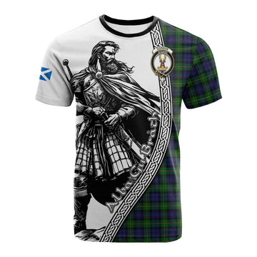 Gordon Tartan Clan Crest Cotton T-shirt with Highlander Warrior Celtic Style