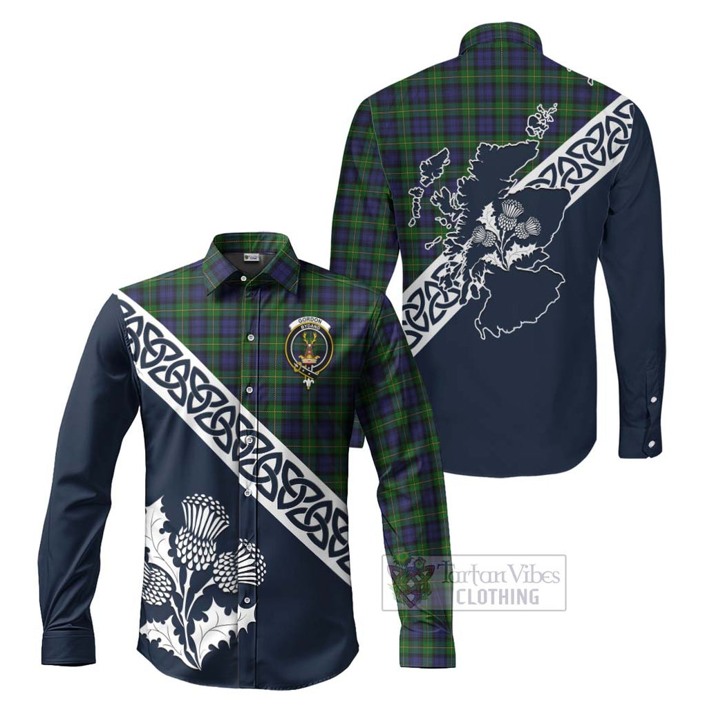 Tartan Vibes Clothing Gordon Tartan Long Sleeve Button Shirt Featuring Thistle and Scotland Map