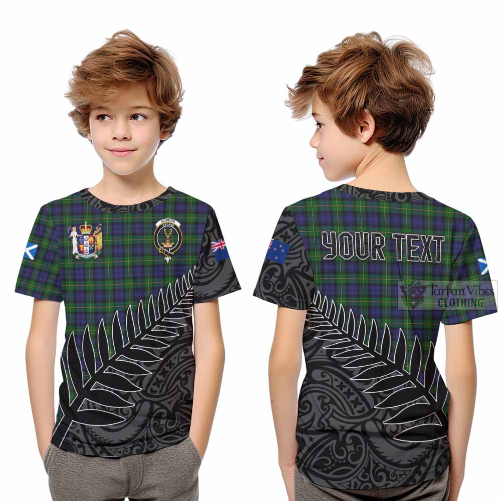 Tartan Vibes Clothing Gordon Crest Tartan Kid T-Shirt with New Zealand Silver Fern Half Style