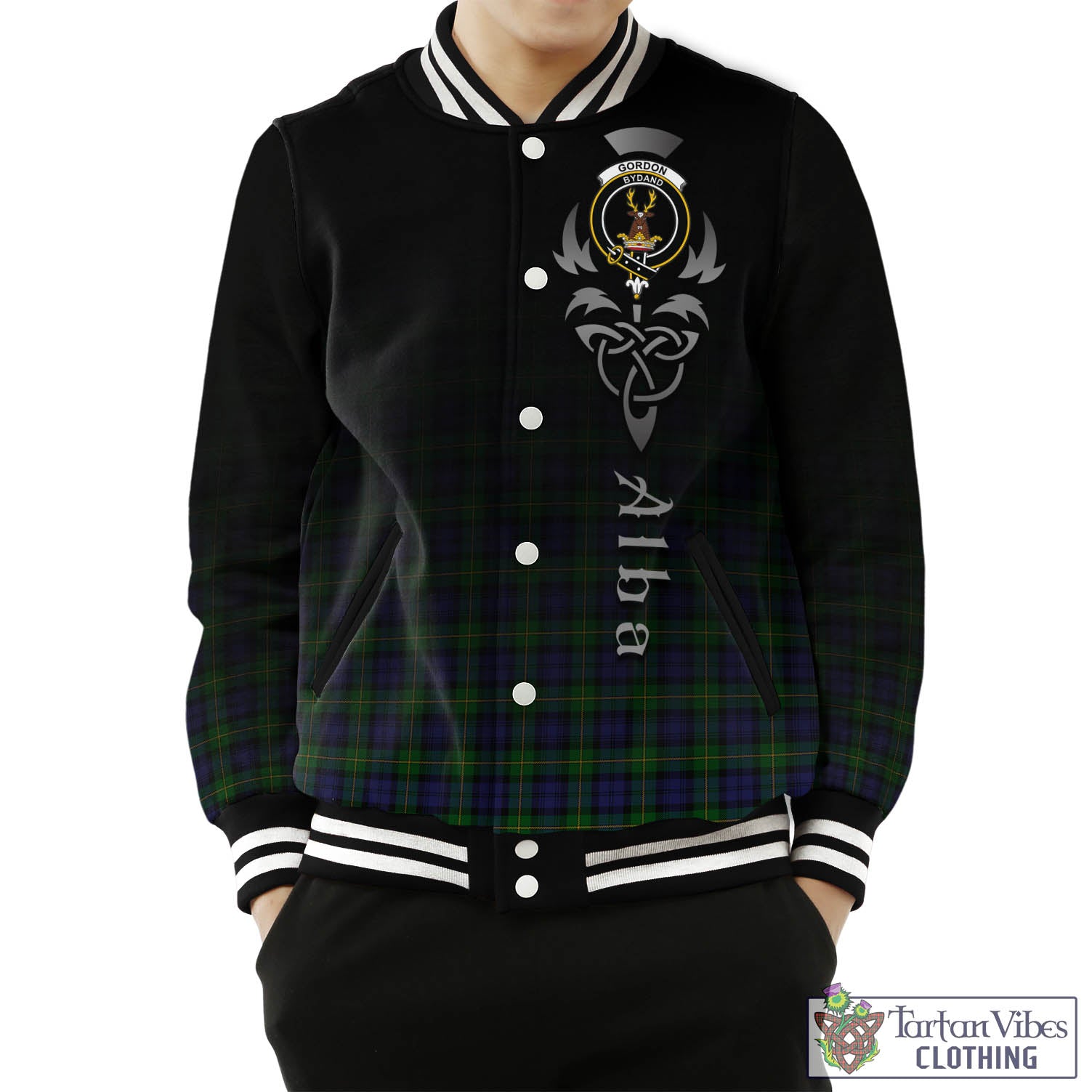 Tartan Vibes Clothing Gordon Tartan Baseball Jacket Featuring Alba Gu Brath Family Crest Celtic Inspired