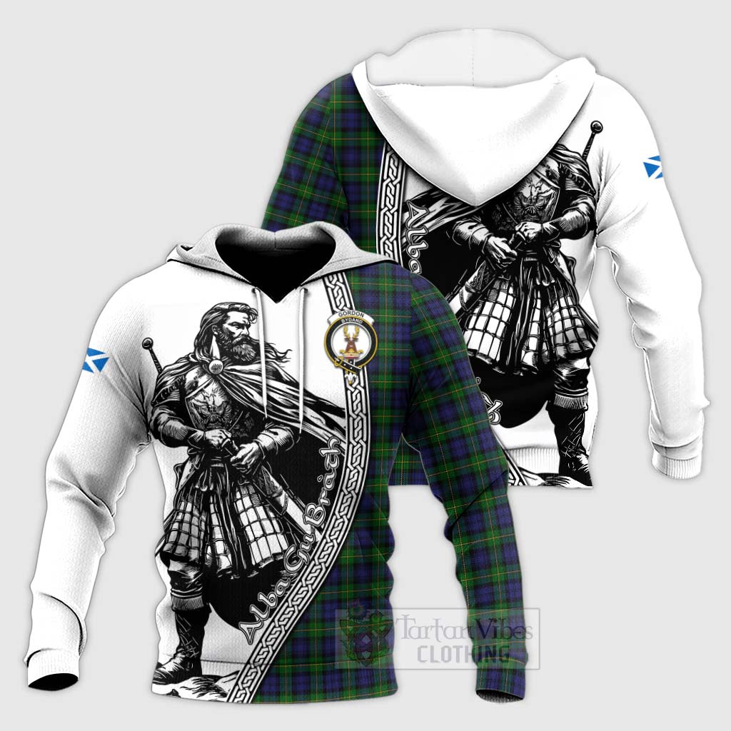 Tartan Vibes Clothing Gordon Tartan Clan Crest Knitted Hoodie with Highlander Warrior Celtic Style