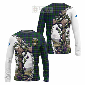 Gordon Tartan Long Sleeve T-Shirt with Family Crest and St. Andrew's Cross Accented by Thistle Vines