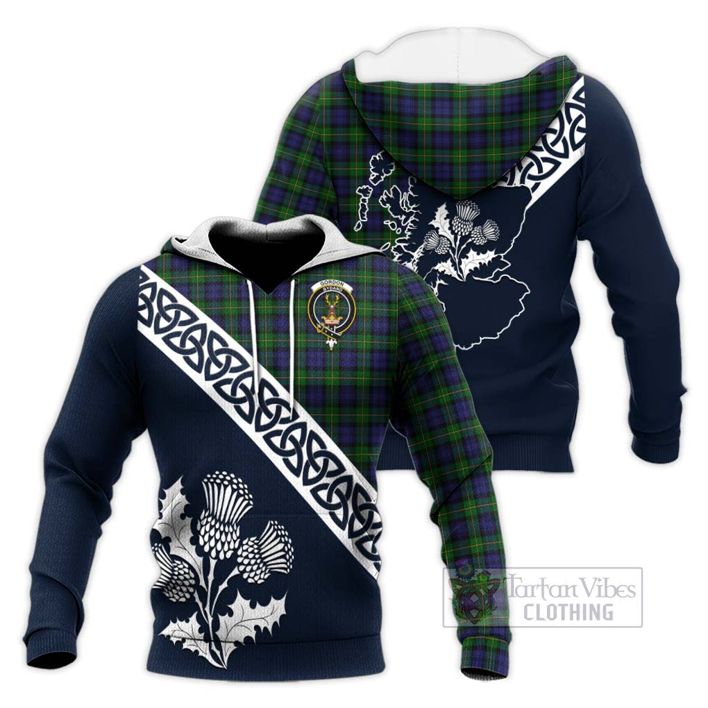 Tartan Vibes Clothing Gordon Tartan Knitted Hoodie Featuring Thistle and Scotland Map