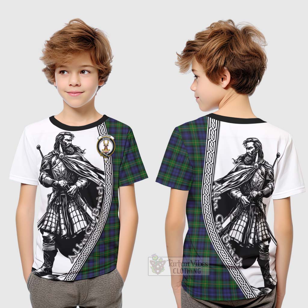 Tartan Vibes Clothing Gordon Tartan Clan Crest Kid T-Shirt with Highlander Warrior Celtic Style