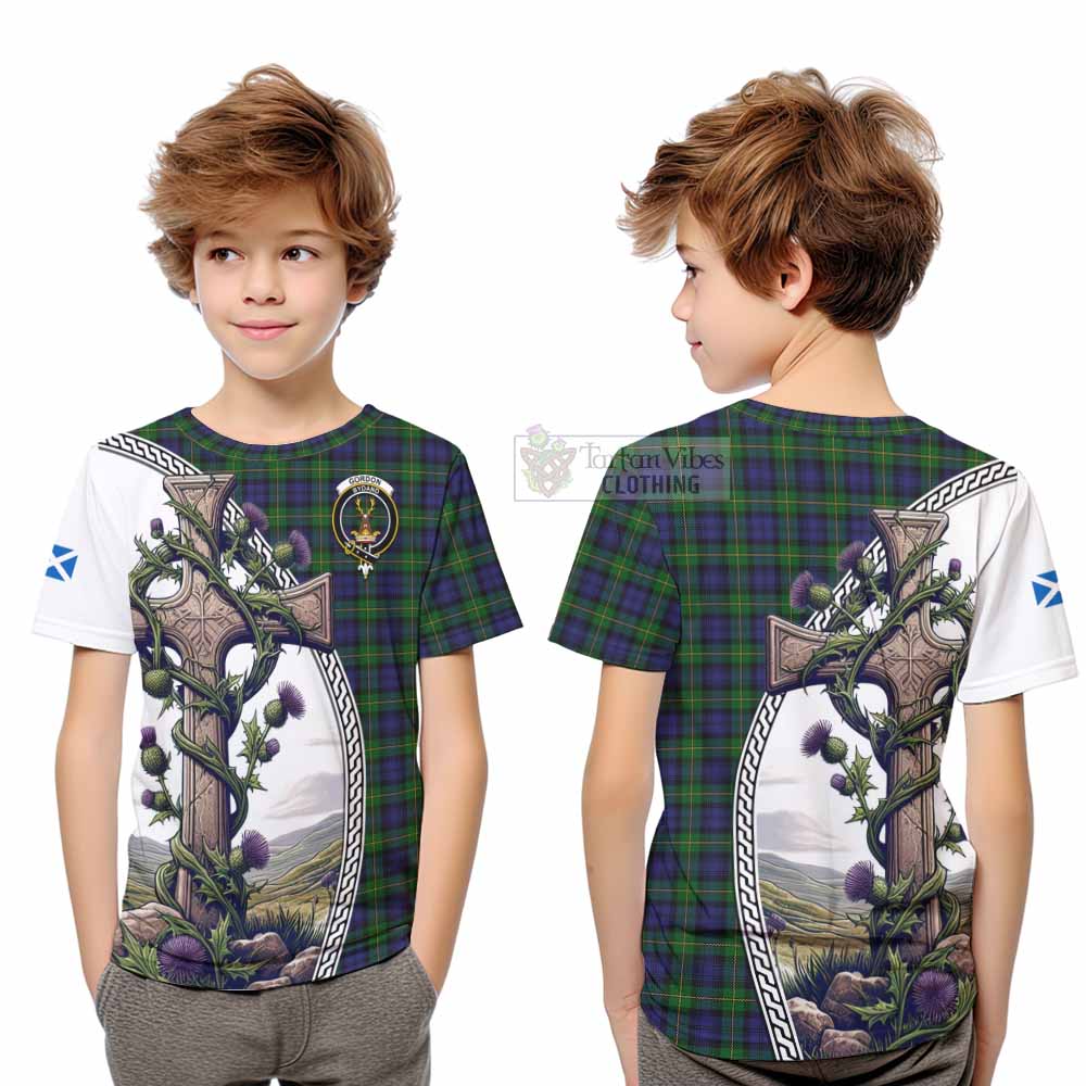 Tartan Vibes Clothing Gordon Tartan Kid T-Shirt with Family Crest and St. Andrew's Cross Accented by Thistle Vines